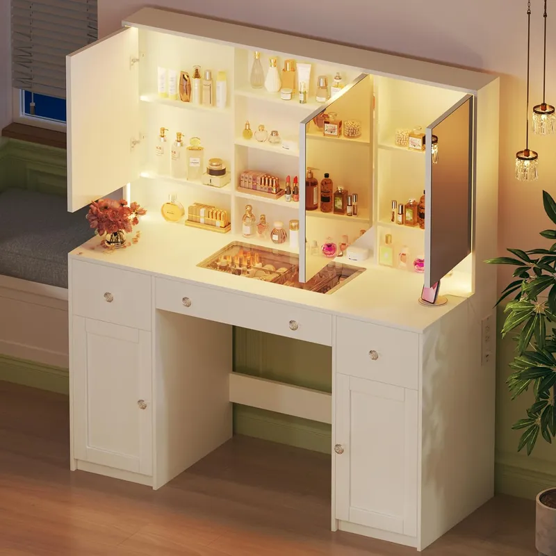 HUAHUU Large Makeup Vanity with Glass Top & Power Outlet