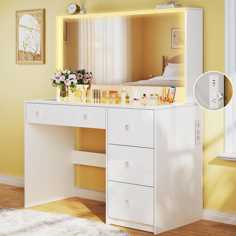 HUAHUU Makeup Vanity with Glass Top & Power Outlet