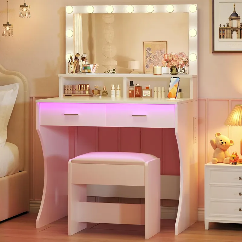 HUAHUU Small Vanity Desk with Mirror and Lights